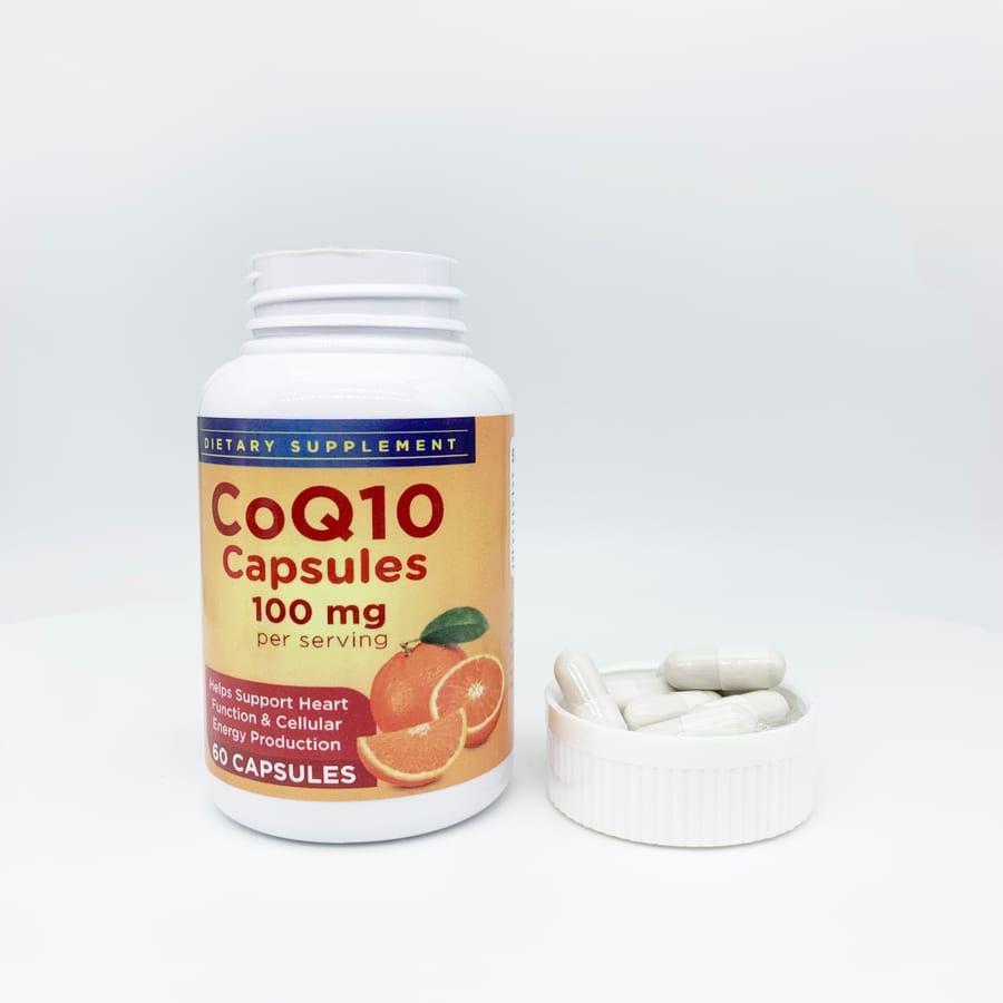CoQ10 capsules in a 60-count bottle