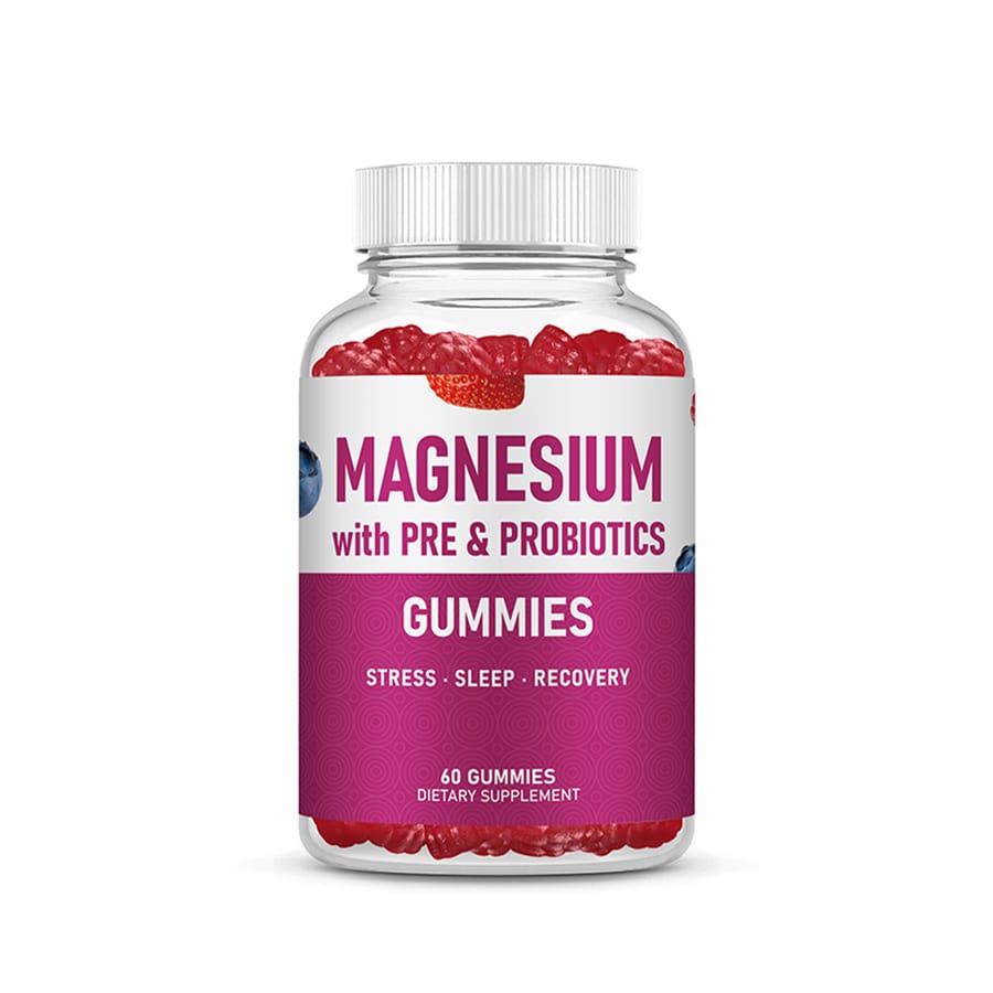 Magnesium gummies with pre and probiotics in a 60-count jar