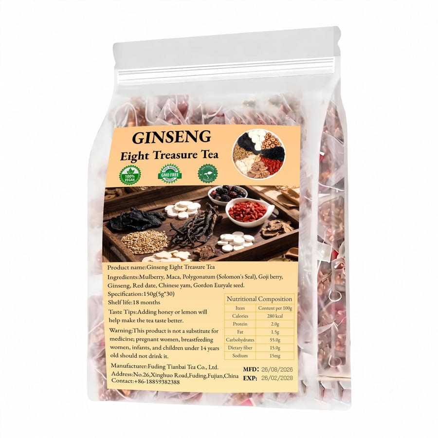 Ginseng eight-treasure blend tea in a clear 150 g pouch