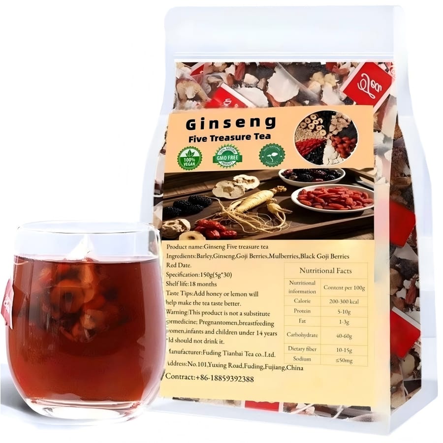 Ginseng five-treasure blend tea in a 150 g stand-up pouch