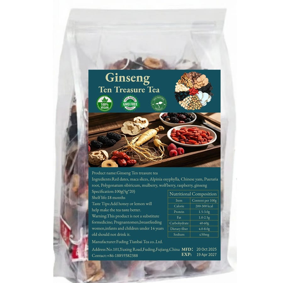 Ginseng ten-treasure blend tea in a clear pouch
