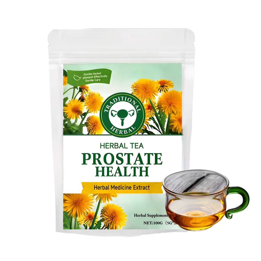 Herbal blend tea in a green 100 g pouch with a brewed cup